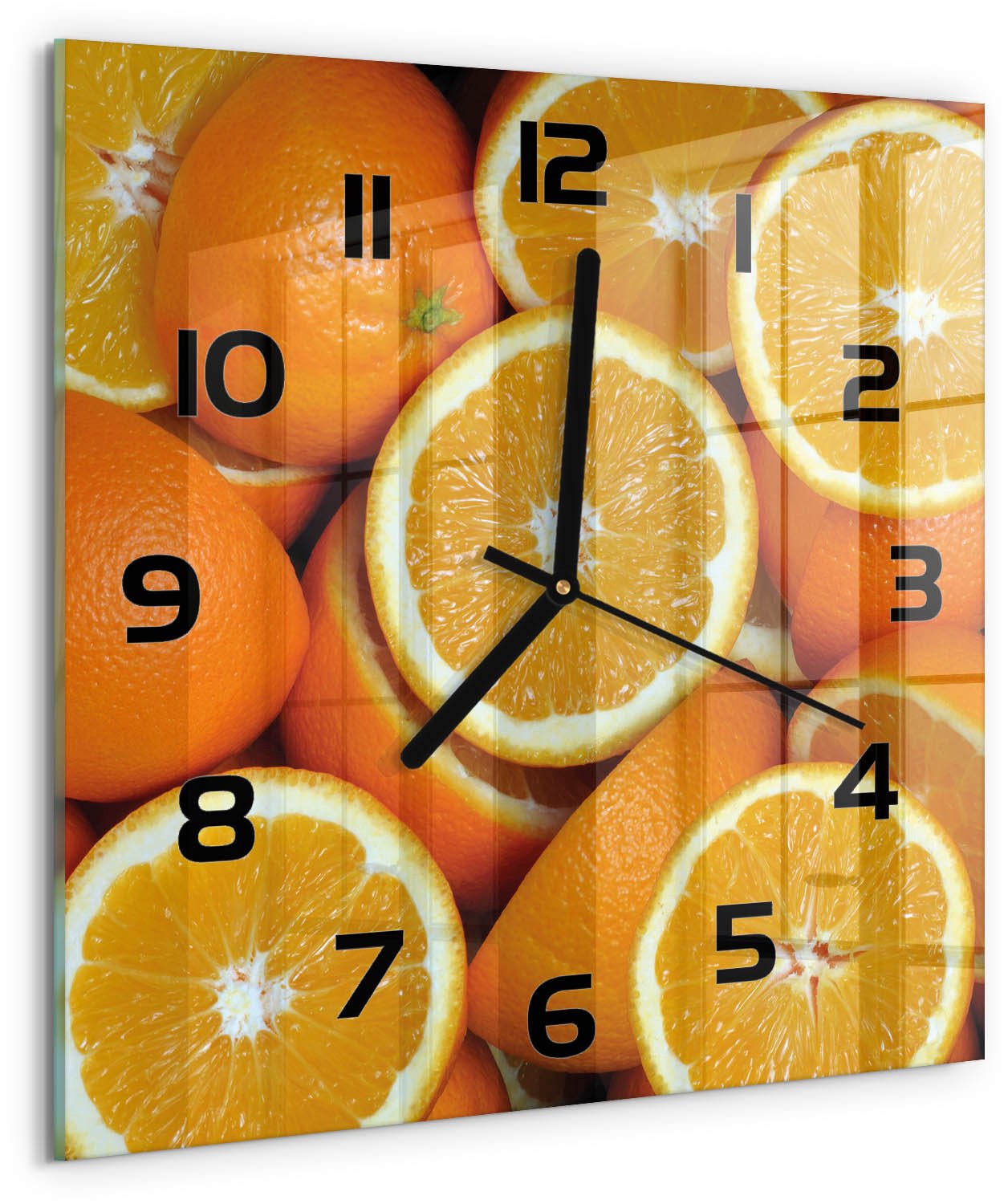 TULUP Wandklok - Sinaasappelhelften Decoratieve Glazen Klok - 30x30 cm - Oranje Glazen Wandklok Design - Zwarte handen - Vierkante Klok - Glazen Klok Met Print - Wandklok Glas Met Motief