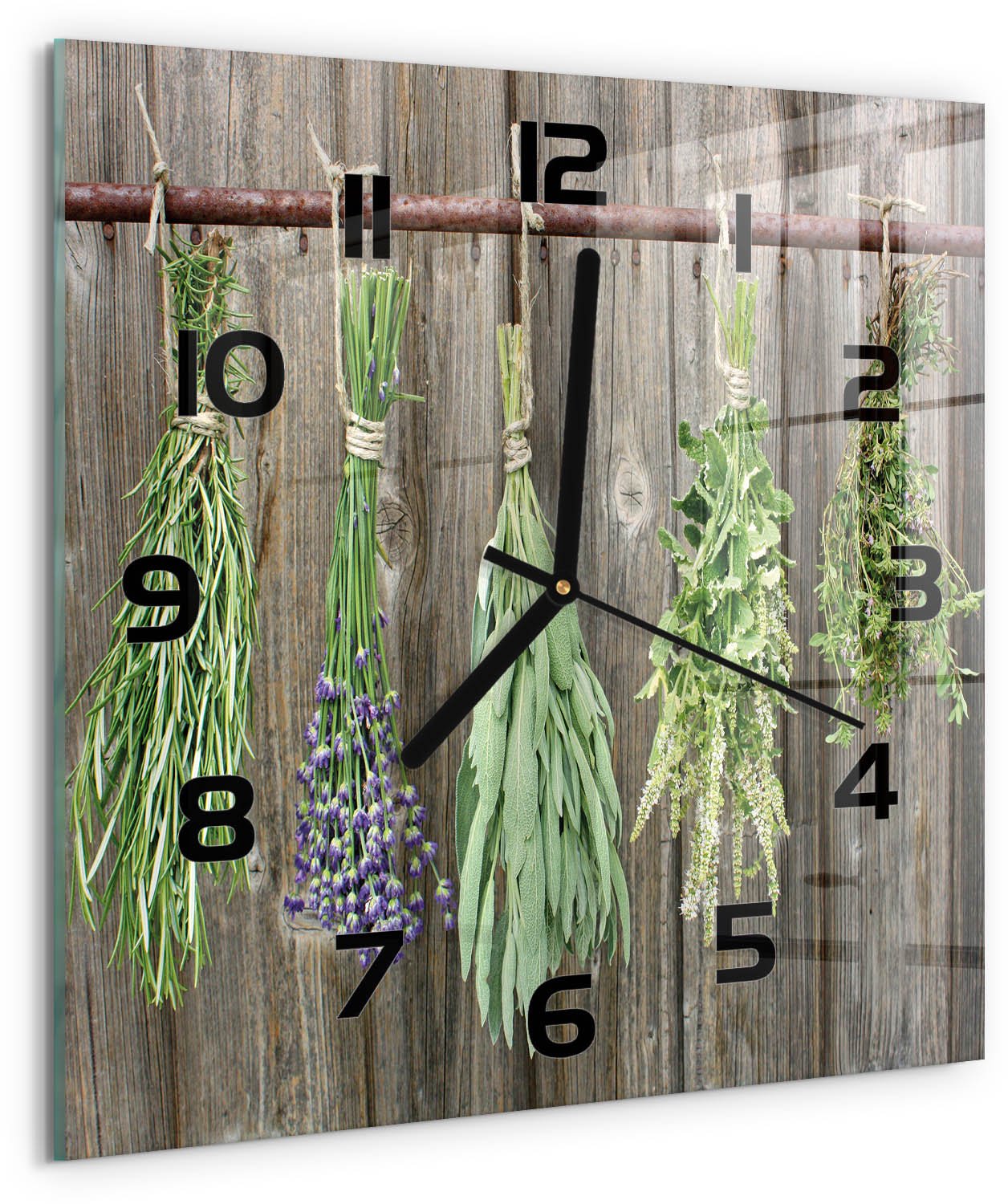 TULUP Wandklok - Kruiden aan een touwtje Gekleurde Glazen Klok - 30x30 cm - Groente Glazen Klok Met Print - Zwarte handen - Vierkante Klok - Moderne Wandklok Glas - Wandklok Glas Decoratie