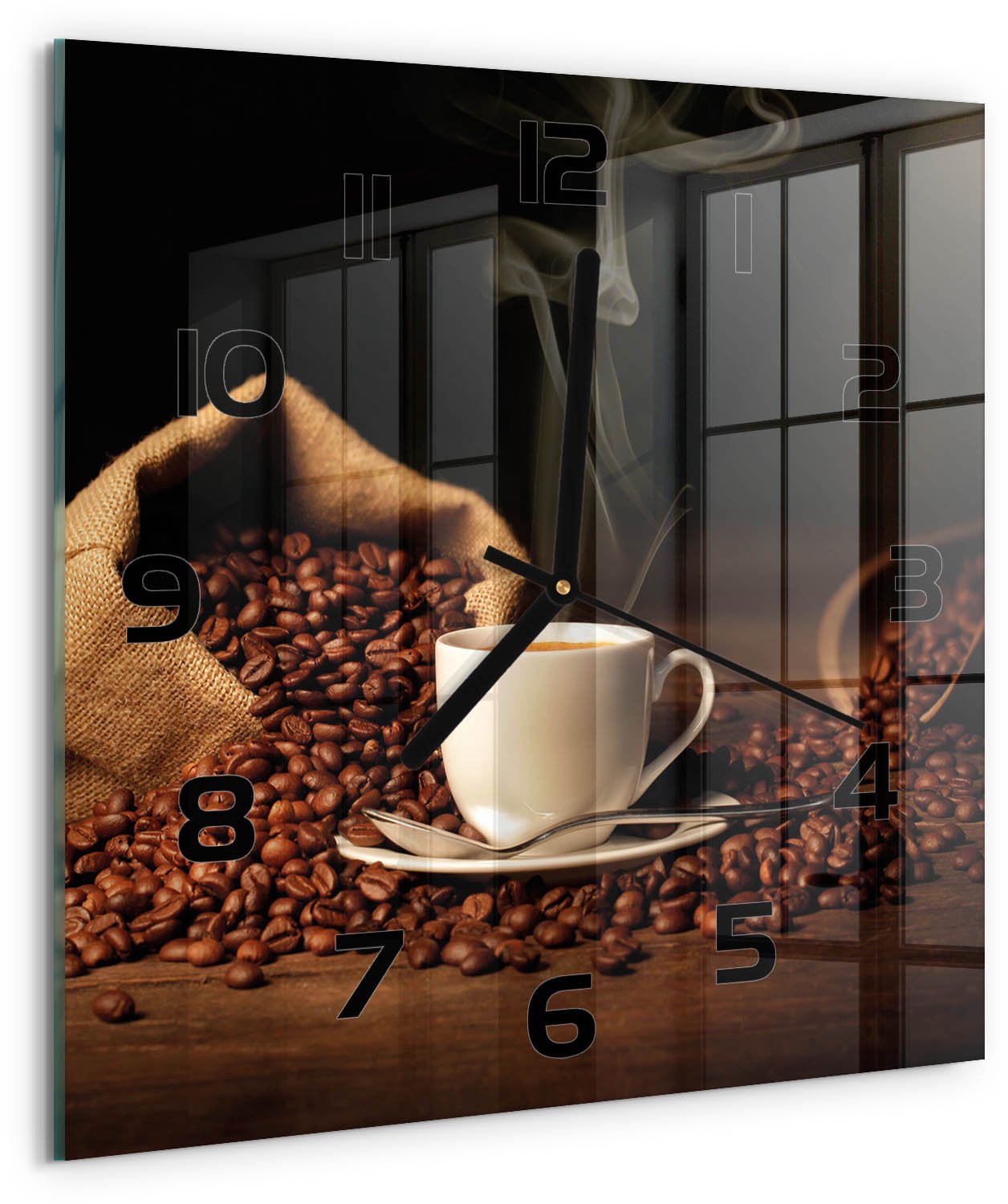 TULUP Wandklok - Koffie in een kopje Wandklok Glas Decoratie - 30x30 cm - Bruin Gekleurde Glazen Klok - Zwarte handen - Vierkante Klok - Klok Glas Met Opdruk - Moderne Wandklok Glas