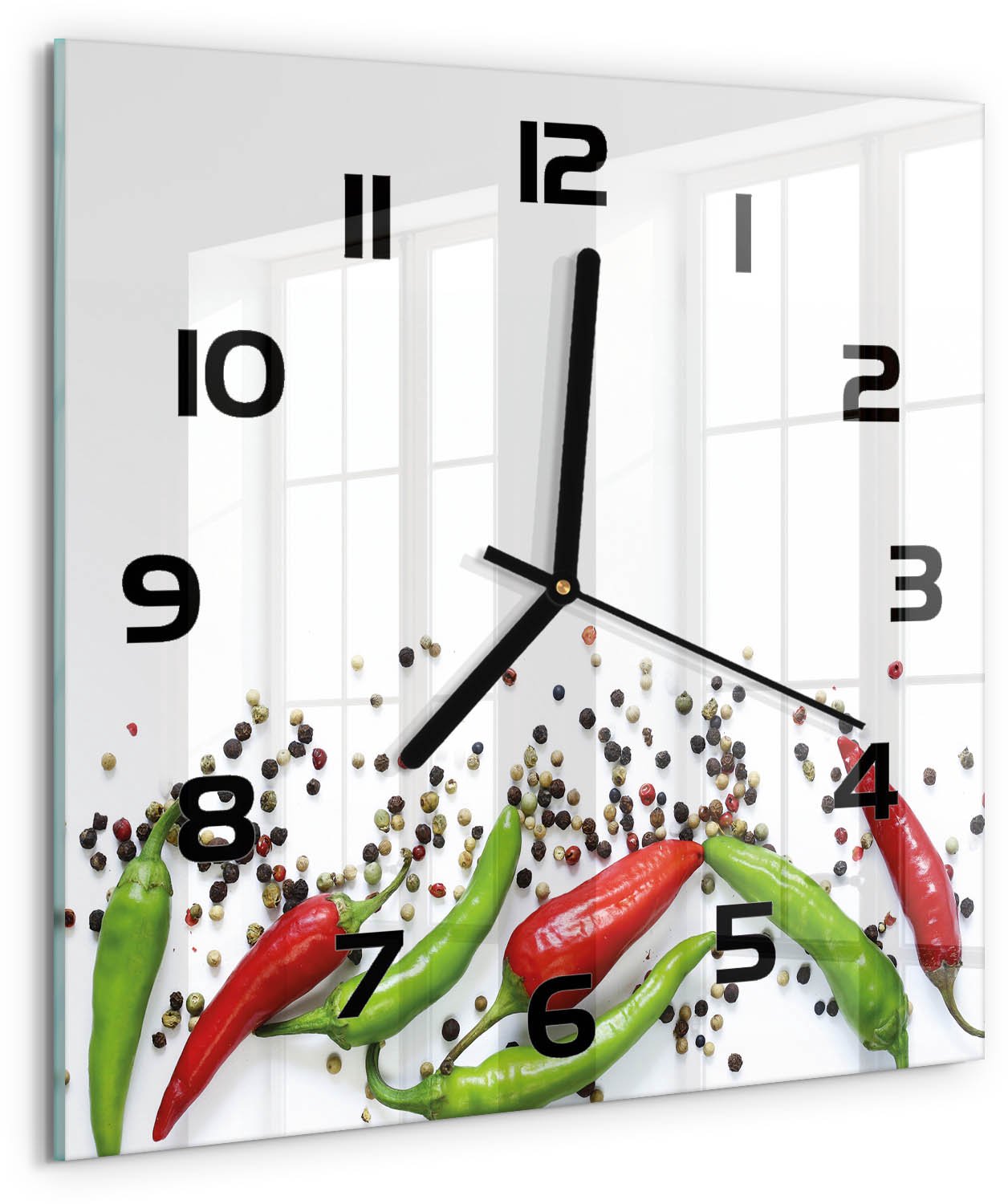 TULUP Wandklok - Chilipepers Moderne Wandklok Glas - 30x30 cm - Veelkleurig Wandklok Glas Decoratie - Zwarte handen - Vierkante Klok - Glazen Wandklok Design - Klok Glas Met Opdruk