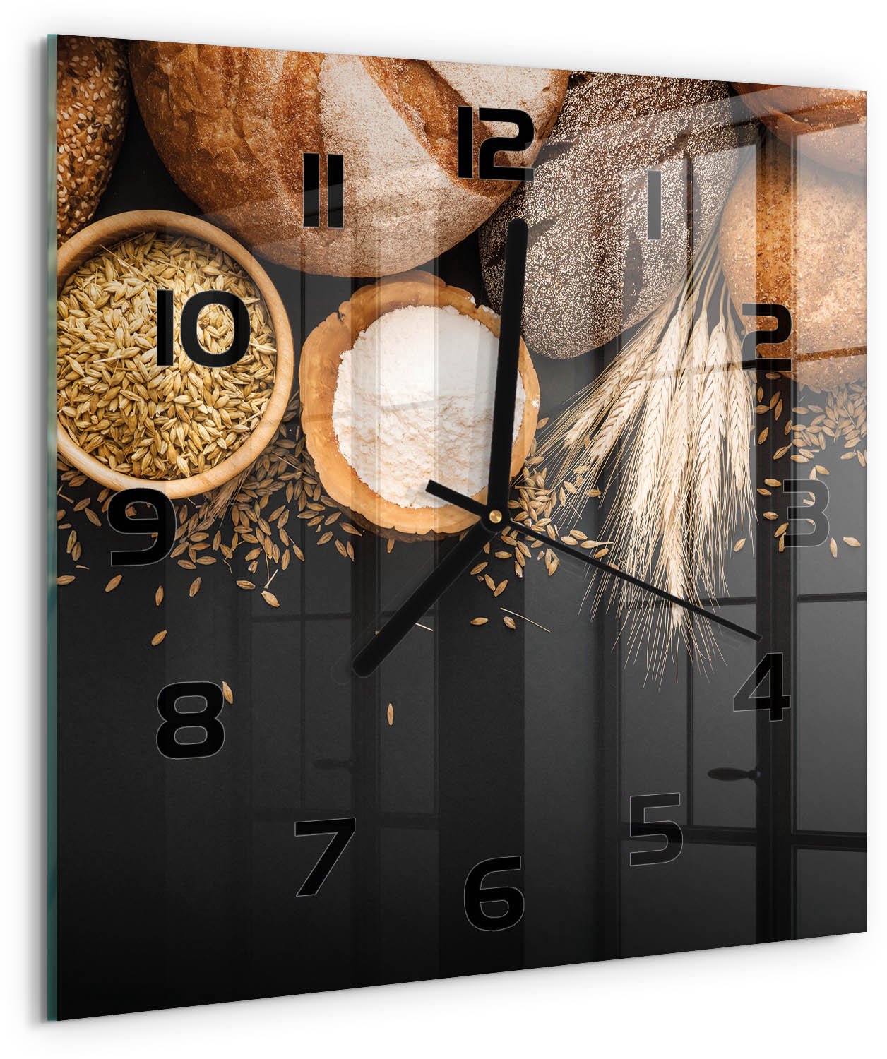 TULUP Wandklok - Brood en tarwe Klok Glas Met Opdruk - 30x30 cm - Bruin Moderne Wandklok Glas - Zwarte handen - Vierkante Klok - Decoratieve Glazen Klok - Glazen Wandklok Design