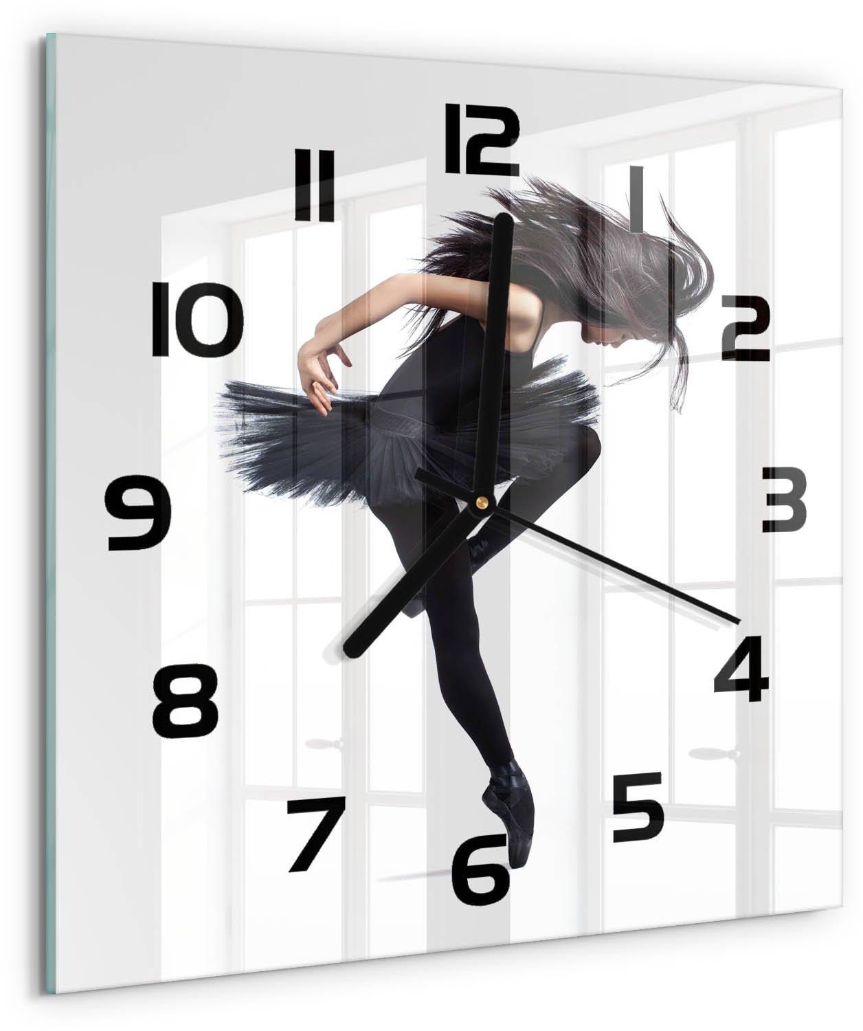 Tulup Wandklok - Ballerina Wandklok Glas Decoratie - 30x30 cm - Zwart Gekleurde Glazen Klok - Zwarte handen - Vierkante Klok - Klok Glas Met Opdruk - Moderne Wandklok Glas