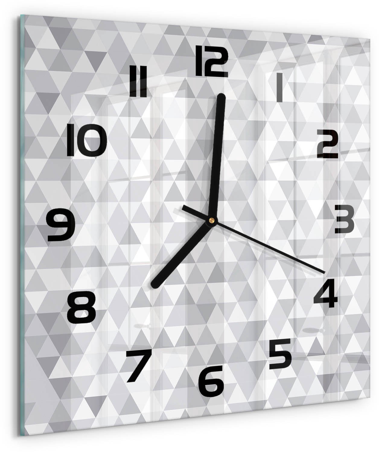 TULUP Wandklok - Grijze driehoeken Glazen Klok Met Print - 30x30 cm - Grijs Wandklok Glas Met Motief - Zwarte handen - Vierkante Klok - Wandklok Glas Decoratie - Gekleurde Glazen Klok