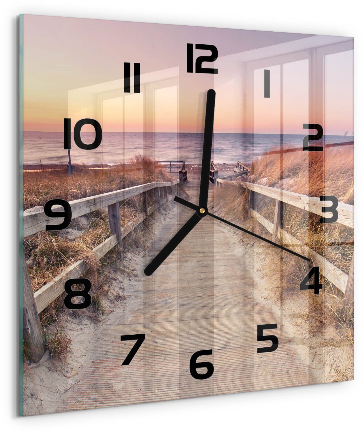 Tulup Wandklok - De weg naar het strand Glazen Wandklok Design - 30x30 cm - Oranje Klok Glas Met Opdruk - Zwarte handen - Vierkante Klok - Wandklok Glas Met Motief - Decoratieve Glazen Klok