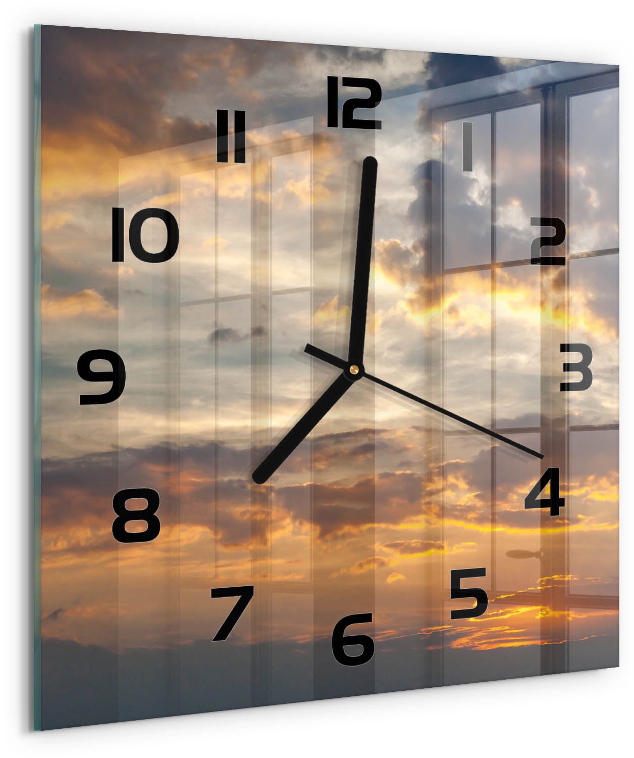 Tulup Wandklok - Zonsondergang Gekleurde Glazen Klok - 30x30 cm - Oranje Glazen Klok Met Print - Zwarte handen - Vierkante Klok - Moderne Wandklok Glas - Wandklok Glas Decoratie
