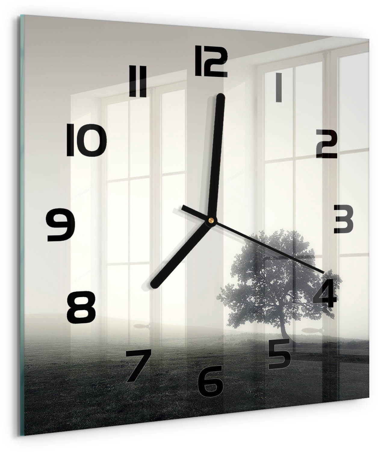 Tulup Wandklok - Eenzame boom Wandklok Glas Decoratie - 30x30 cm - Grijs Gekleurde Glazen Klok - Zwarte handen - Vierkante Klok - Klok Glas Met Opdruk - Moderne Wandklok Glas