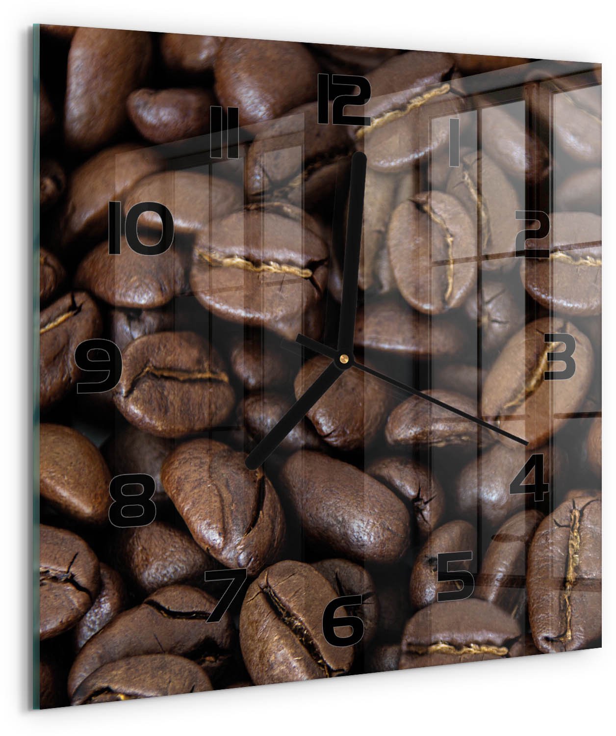 Tulup Wandklok - Koffiebonen Decoratieve Glazen Klok - 30x30 cm - Bruin Glazen Wandklok Design - Zwarte handen - Vierkante Klok - Glazen Klok Met Print - Wandklok Glas Met Motief