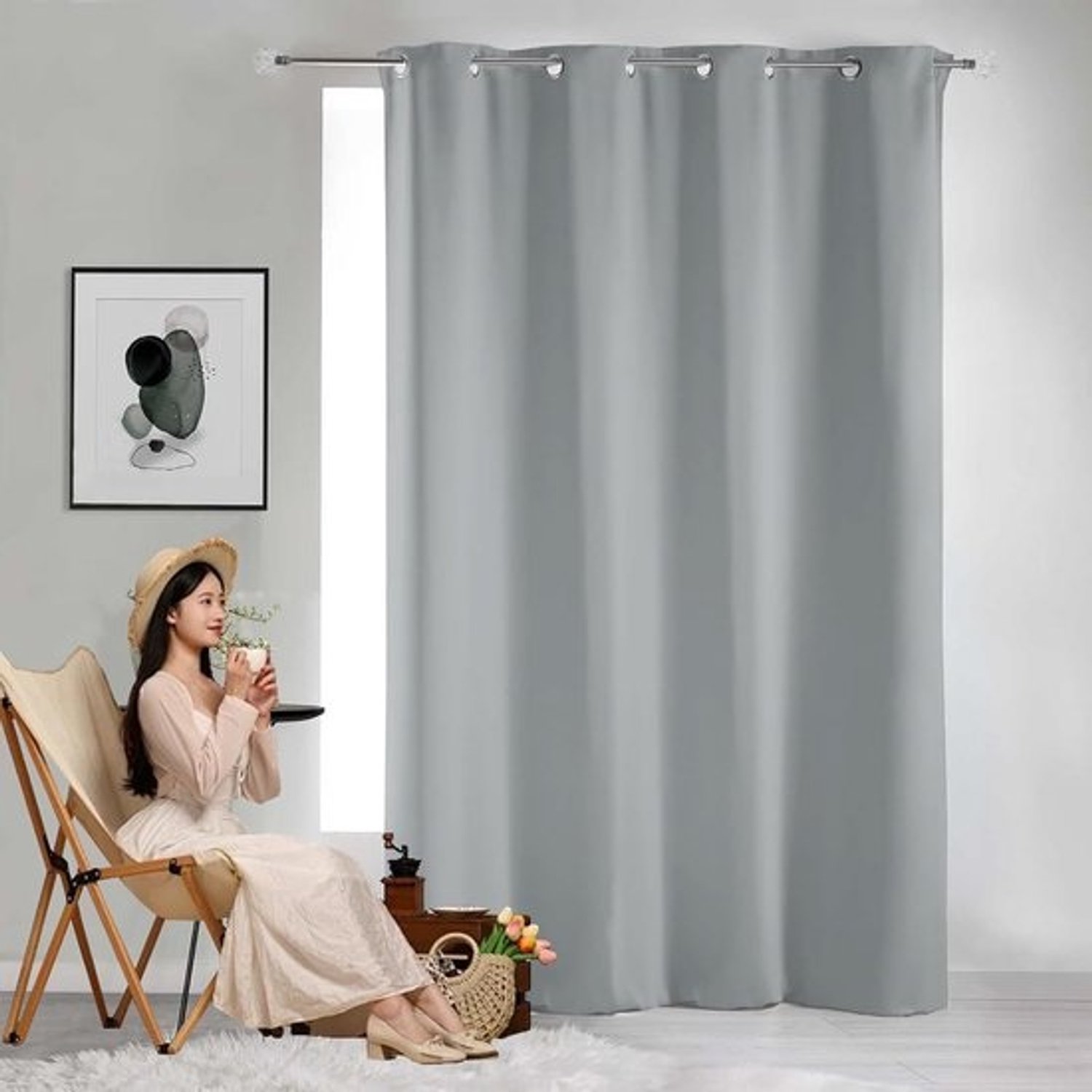Curtain Insulated Blackout Curtains 100 x 150 cm Polyester, Decor Polyester Curtain Yarn Finished Product Curtains with Pleat Tape White Curtains for Windows Balcony Wedding Grey