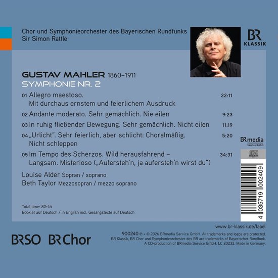 Achterkant van cd met tracklijst voor Mahlers Symfonie nr. 2, gedirigeerd door Sir Simon Rattle en BR-Klassik.
