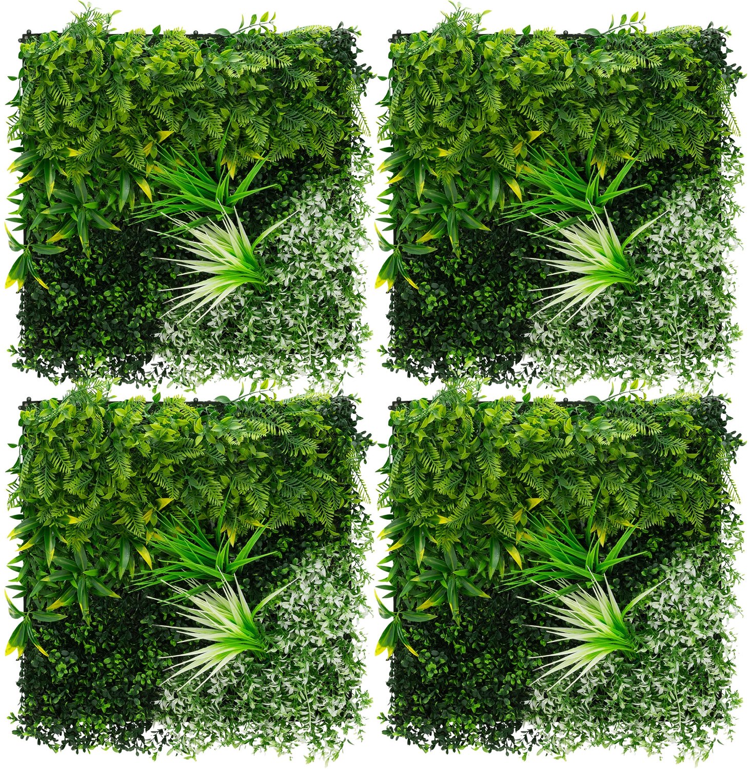 ECD Germany Plantenwand 50 x 50 cm, 4 stuks wandpaneel van kunstplanten, kunstplantenwand privacyscherm weerbestendig, makkelijk te verzorgen en duurzaam voor buiten en binnen, uv-bestendig kunsthaag paneel voor uw tuin en balkon, groen white blossom
