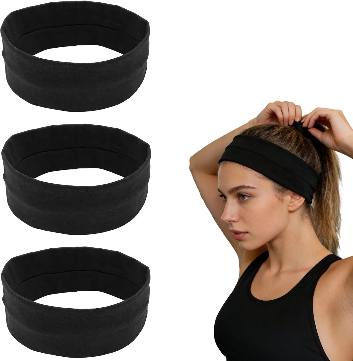 Sporthoofdband set van 3 - Zwart - Zweetabsorberend - Antislip - Ideaal voor yoga - ShopVlot