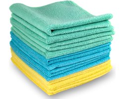 ELEXACLEAN Microvezeldoeken auto badkamer keuken (12 stuks, 30x30cm, blauw geel groen) bonte universele poetsdoeken voor huishouden en auto ramen lak