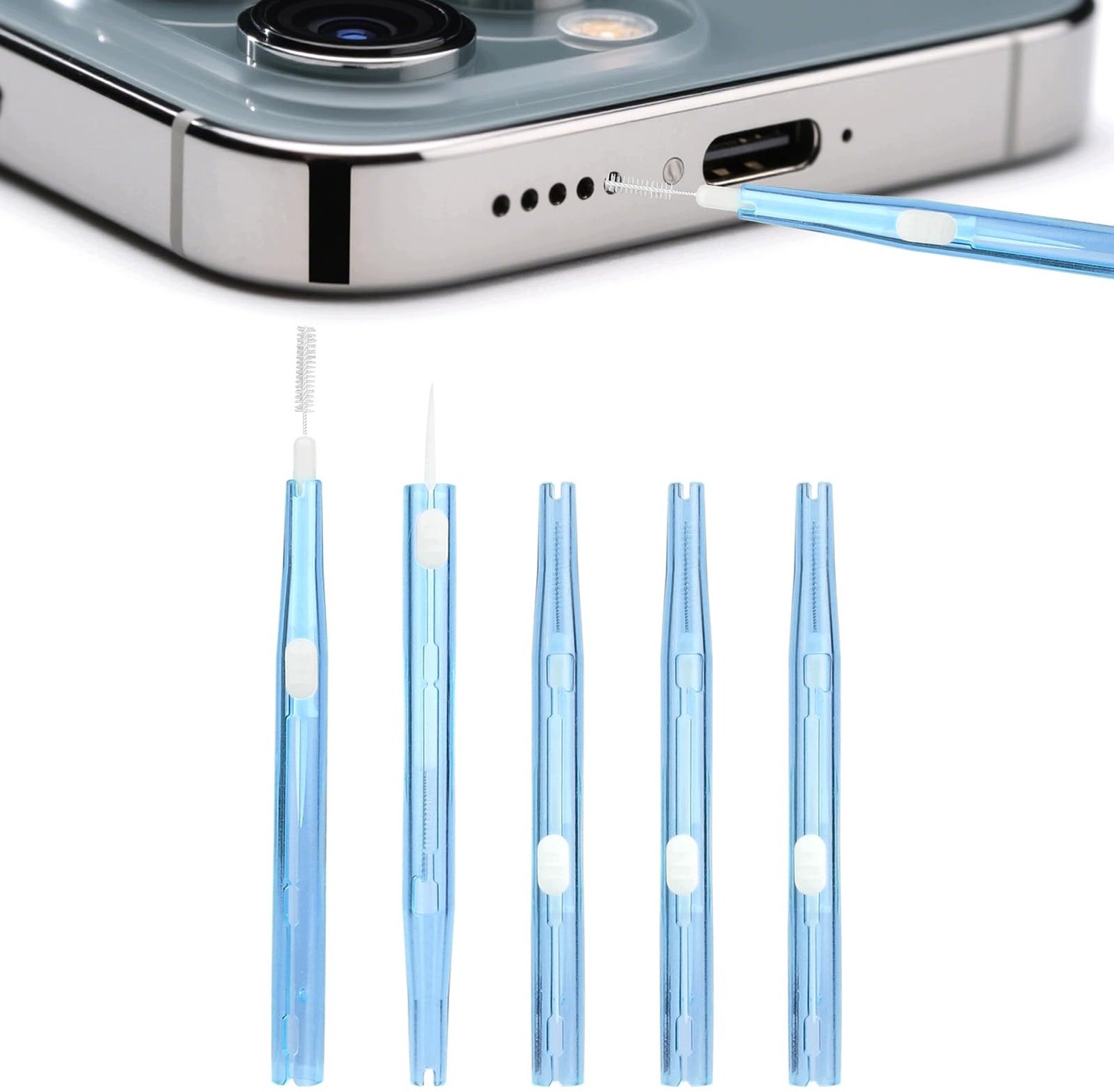5x Mini Reinigingsborstel met Haak voor USB-poort - Blauw
