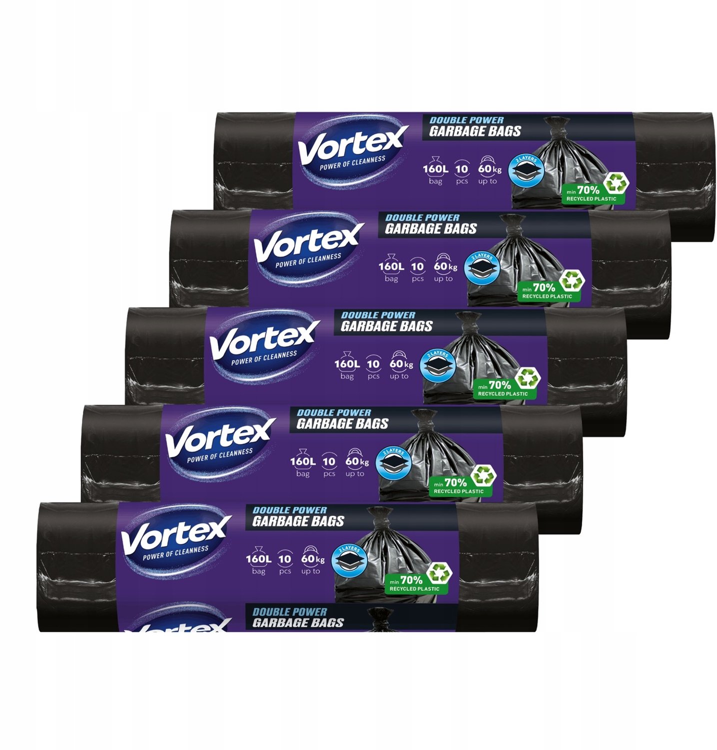 Vortex Afvalzakken 160L Zwart - 50 stuks - Dubbelwandig met trekband