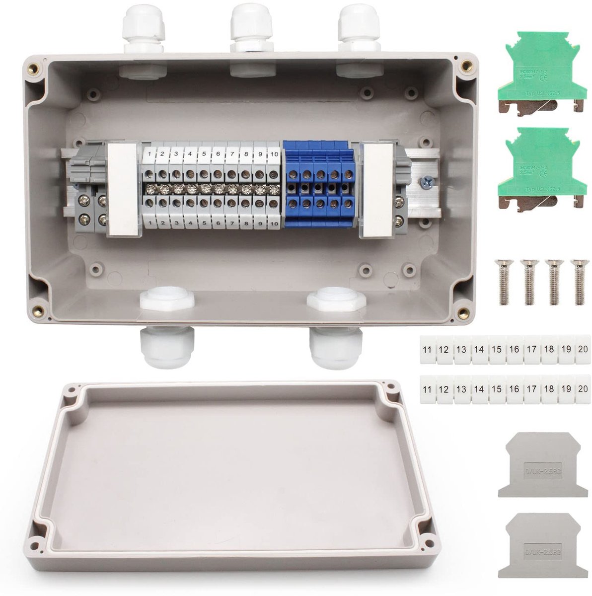 Waterdichte Aansluitdoos IP66, 200 x 120 x 76 mm, 15-Pin Passage Klemmen, DIN Rail, Voor Controlekast, Buitengebruik, Betrouwbare Elektrische Verbindingen