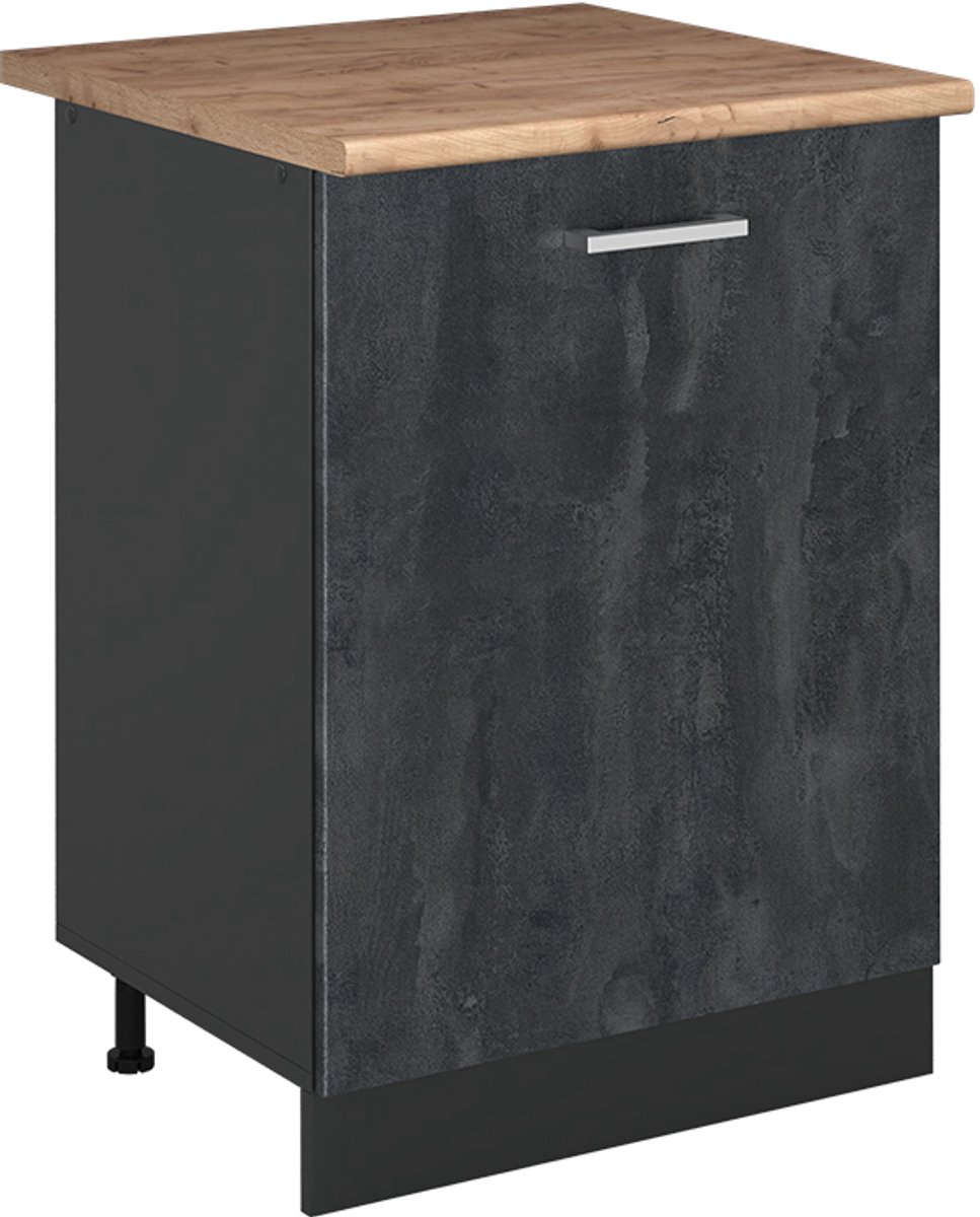 Vicco Keukenonderkast R-Line, Zwart beton/Antraciet, 60 cm met 1 deur goudkleurig eiken werkblad