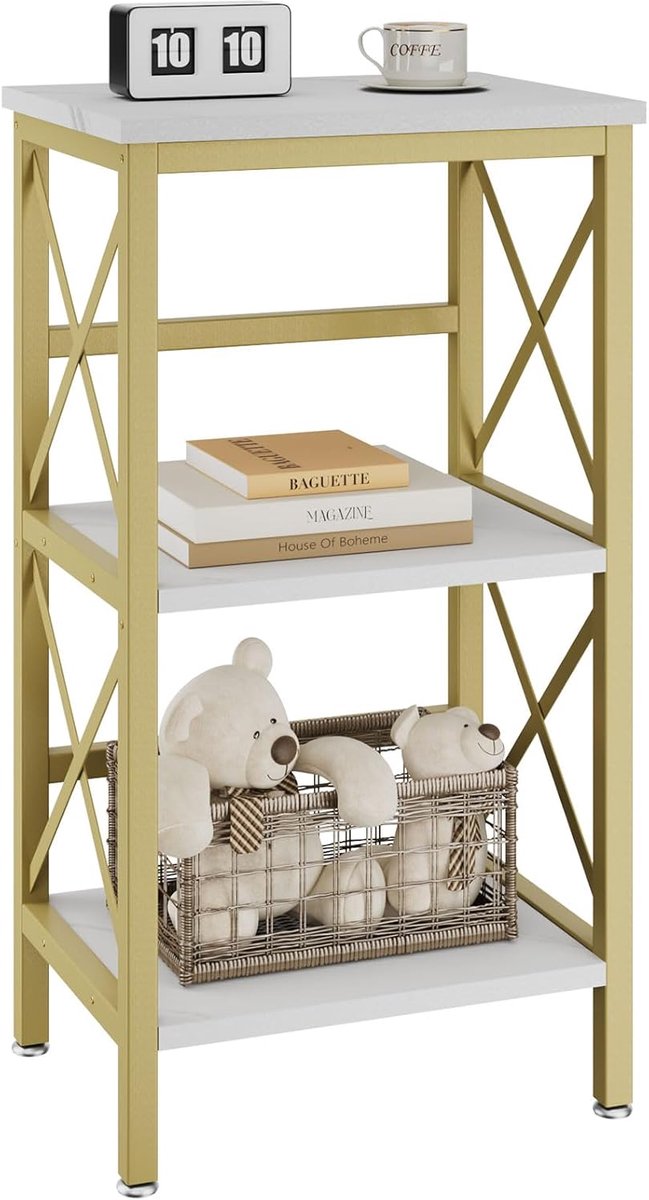 SnelShoppen - Boekenkast 3 Laags Opbergrek Plant Rek Magnetronopbergrek met Stalen Frame voor Woonkamer Keuken Kantoor Studie 40×29×75CM Wit Marmer en