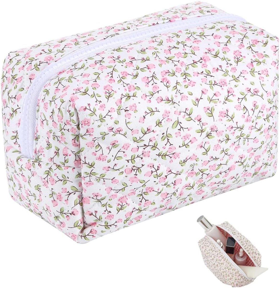 1 x gevoerde etui met bloemenpatroon, make-uptas, make-uptas, reistas, voor make-upkwasten en beauty-artikelen - ShopVlot