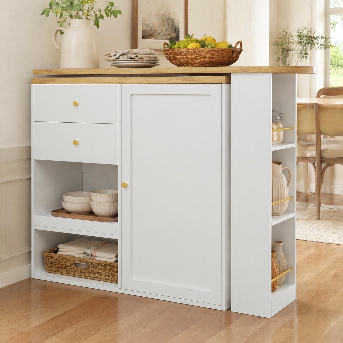 WUVRIE Draaibare bartafel 105 x 39 x 102 cm - 2 lades, schuifdeurkast en 3 open niveaus - Wit