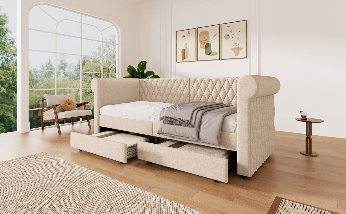 Merax Slaapbank 90x200 cm – Beige Linnen – Eenpersoonsbed met 2 Opberglades