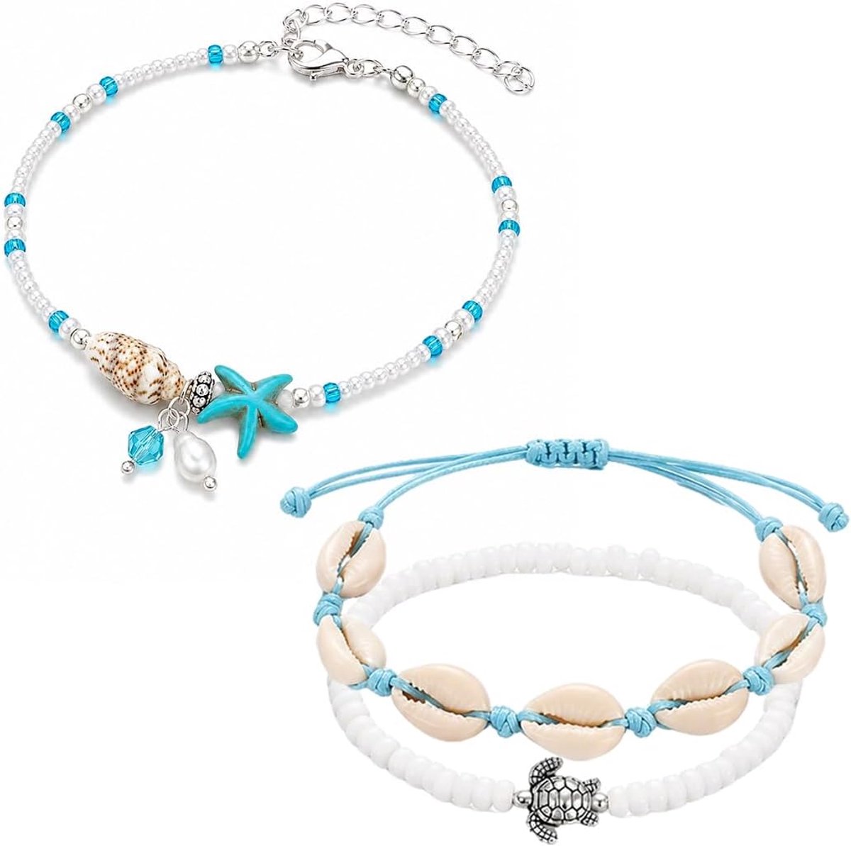 Set van 3 enkelbandjes - Boheemse enkelbandjes Zeester, schelp, zeeschildpad, kralen enkelbandjes Strandaccessoires - ShopVlot