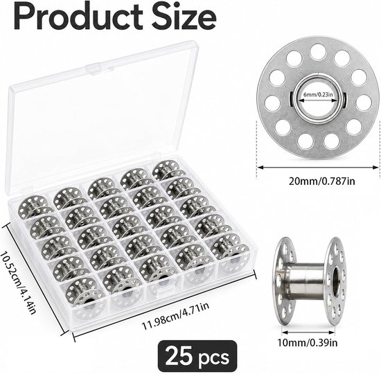 Spoelen voor naaimachine met spoelbox, onderdraadspoelen zilver, 11 × 20 mm, naaimachinespoelen, compatibel met de meeste huishoudelijke naaimachines, voor naaien — afbeelding 2
