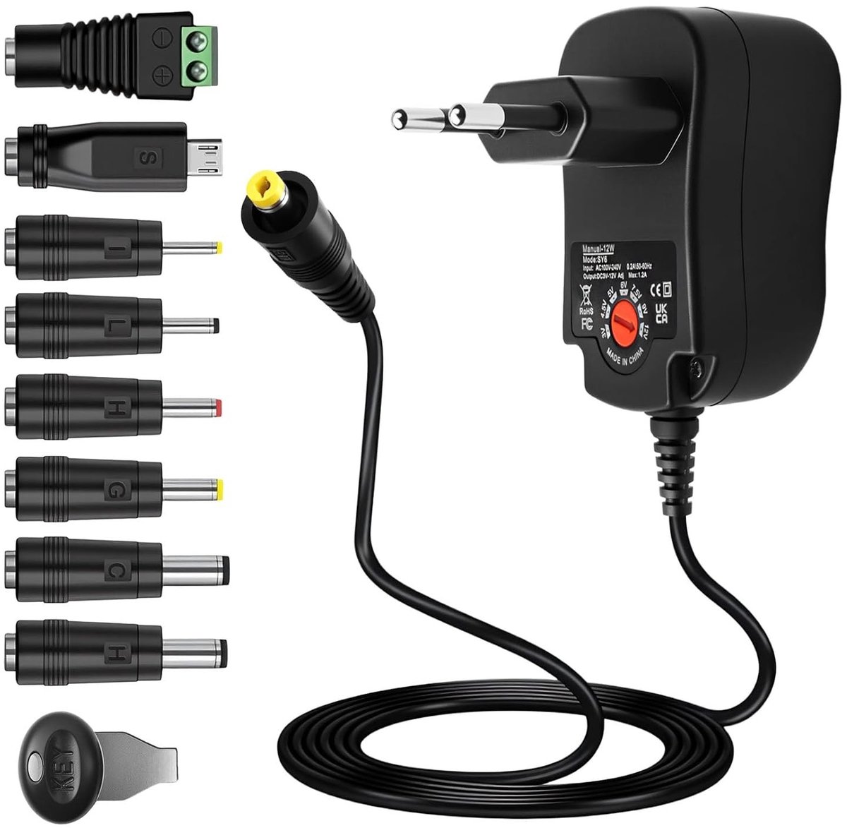 Universele 12W Voedingsadapter AC/DC met 8 DC-connectoren voor verlichting, router, TV en camera, 1000 mA max, multi-spanning opties van 3V tot 12V