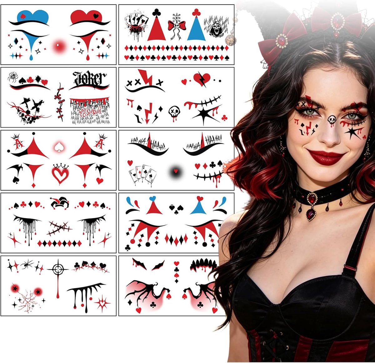 Tijdelijke tatoeages, Halloween Joker make-up, valse tattoo-stickers, voor carnaval, cosplay, maskerade party