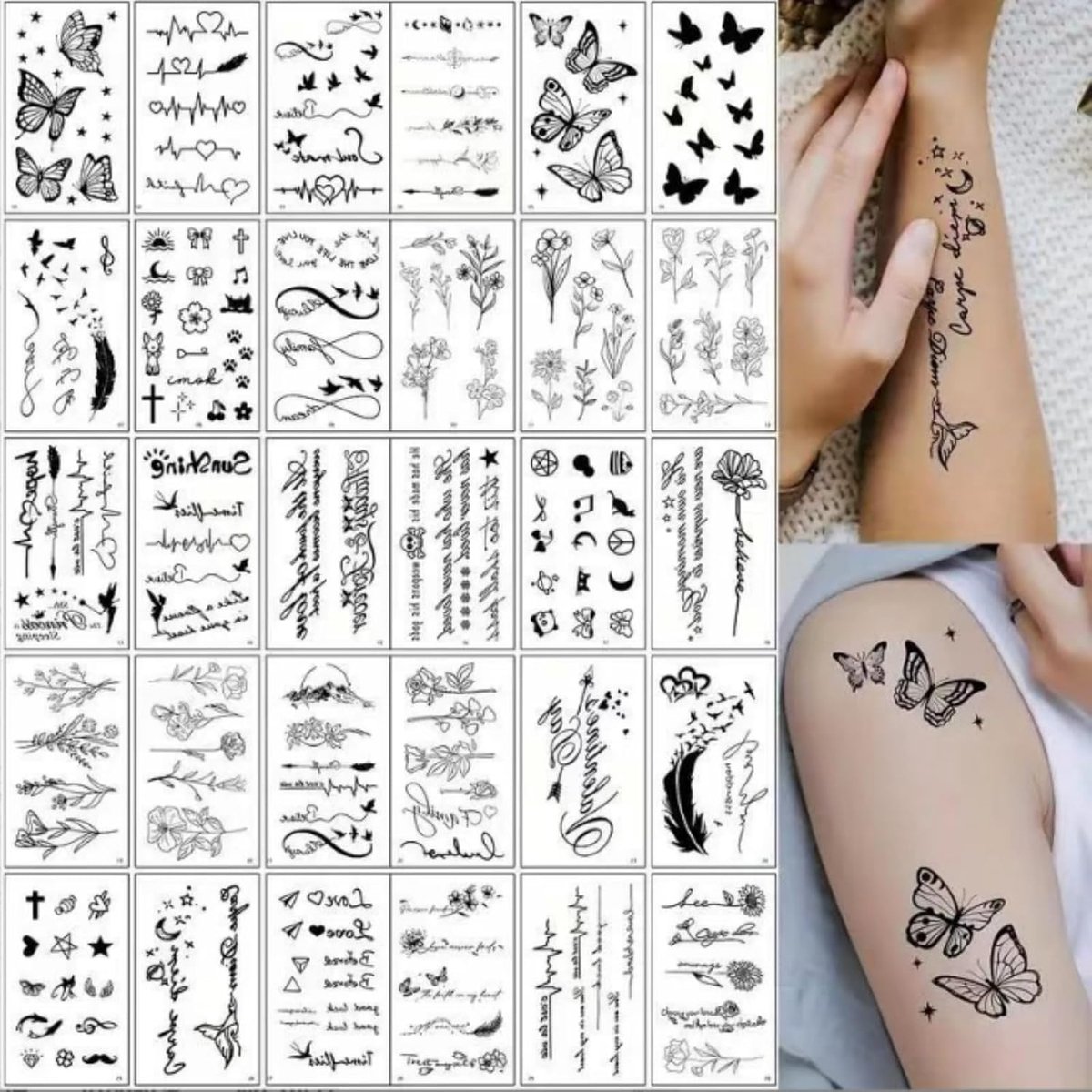 Decoratie, Set 30 stuks zwart-wit tijdelijke tatoeages met bloemen vlinders, Tatoeage stickers waterbestendig pols sleutelbeen, dagelijks gebruik Tatoeages voor feesten en festivals