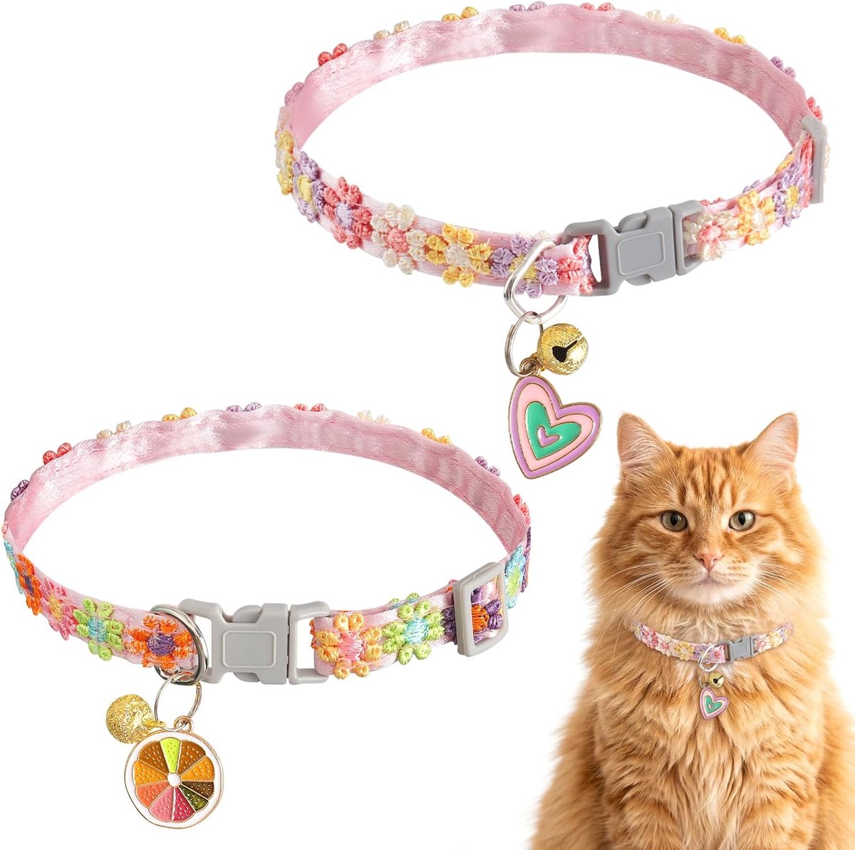 Halsbanden met veiligheidssluiting, verstelbare halsband kat met bel en hanger, bloemen, kattenhalsbanden, zachte kattenhalsbanden voor kittens, puppy's