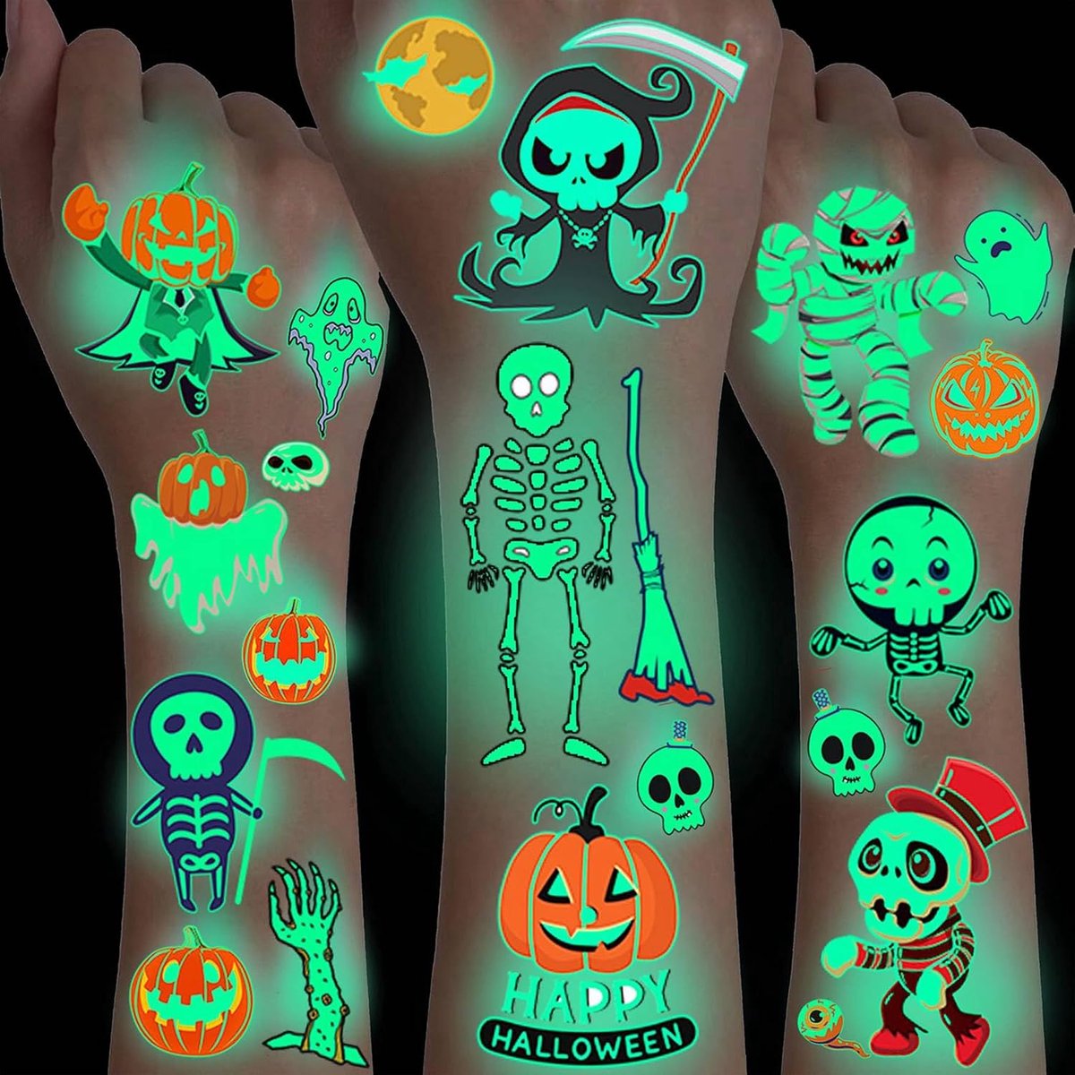 10 vellen Nacht glinsterende lichtgevende Halloween Tijdelijke Tatoeages voor Kinderen, Jongens en Meisjes Gezicht, 3D Zombie Lichtgevend in het Donker Nep Tatoeage Stickers,