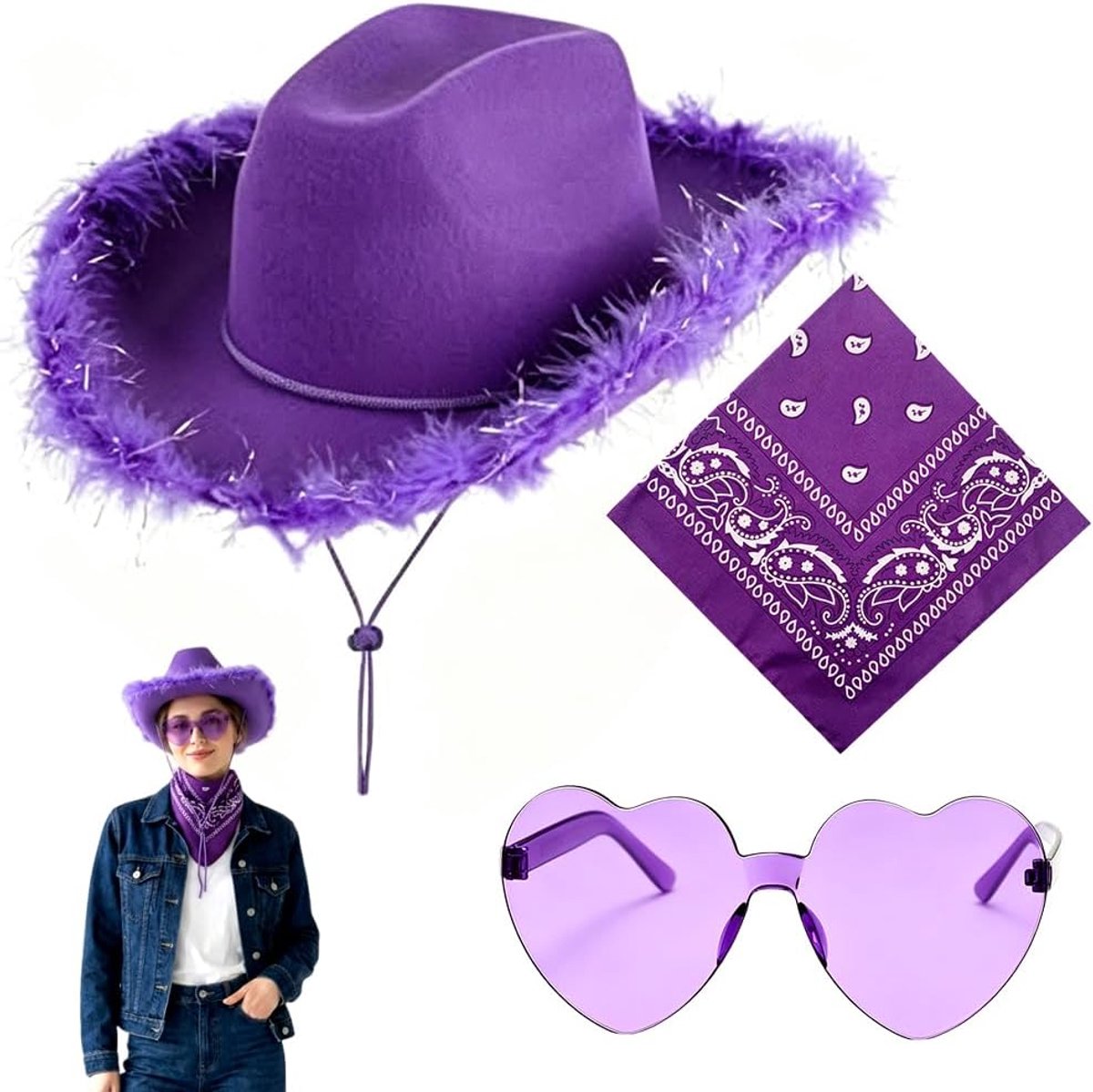 Cowboykostuum Accessoires Hoed Bandana's Zonnebrillen Westernkledingaccessoires Cowboyhoeden Cowboykostuum Accessoires Sets Cowgirlhoeden Volwassen voor Feest Carnaval(Paars)