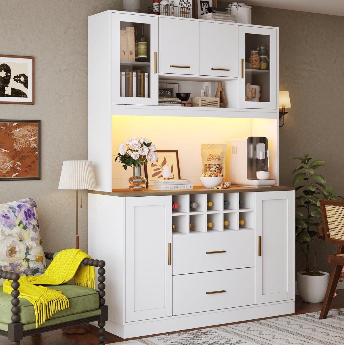WUVRIE Buffetkast 120 x 36,3 x 180 cm - 6 deuren, 2 lades, LED en stopcontact - Wit/zwart