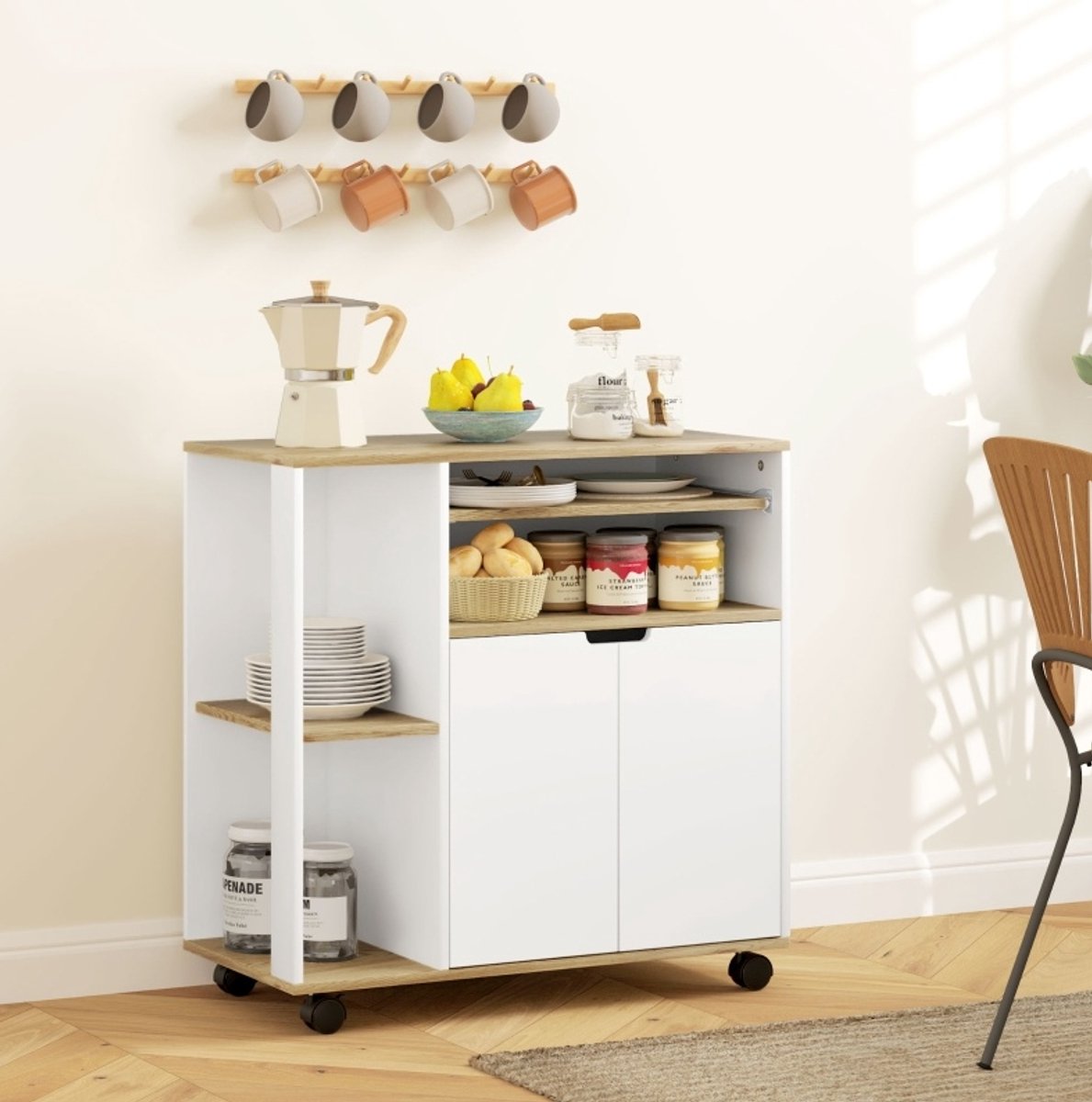 WUVRIE - Keukenwagen 80x40x82 cm - Werkblad, verstelbare plank en 4 wielen - Wit/naturel