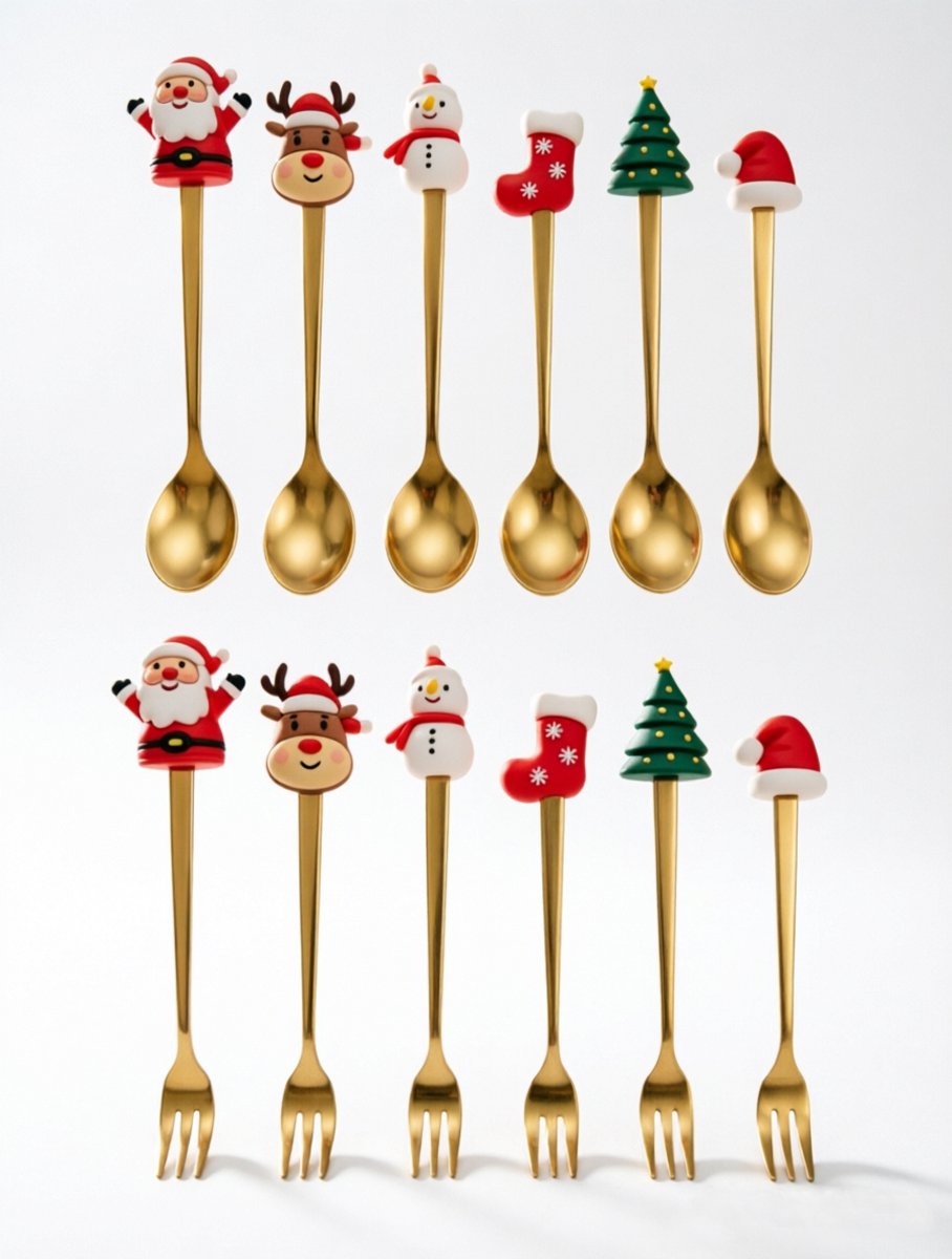 Namajunas - Kerst bestek met cartoon figuren - 12 stucks - 6 gouden lepels en 6 gouden vorken - voedselveilig roestvrij staal - koffie roerlepel - taart vorkje - creatieve feestelijke decoratie lepels voor op tafel - origineel en uniek cadeau