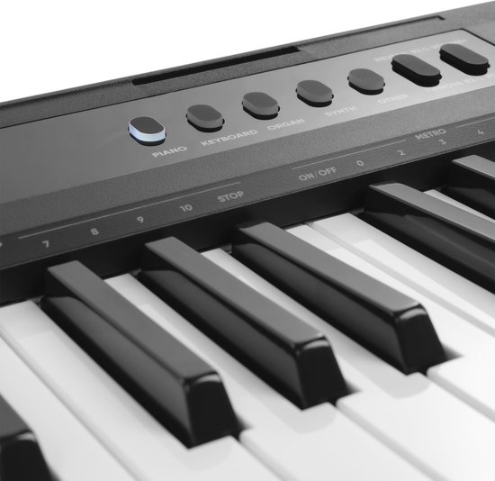 Knoppen met labels als 'PIANO', 'KEYBOARD', 'ORGAN', 'SYNTH', 'OTHER' op het zwarte bedieningspaneel van het MAX RhapsodyDP88S digitale piano keyboard.