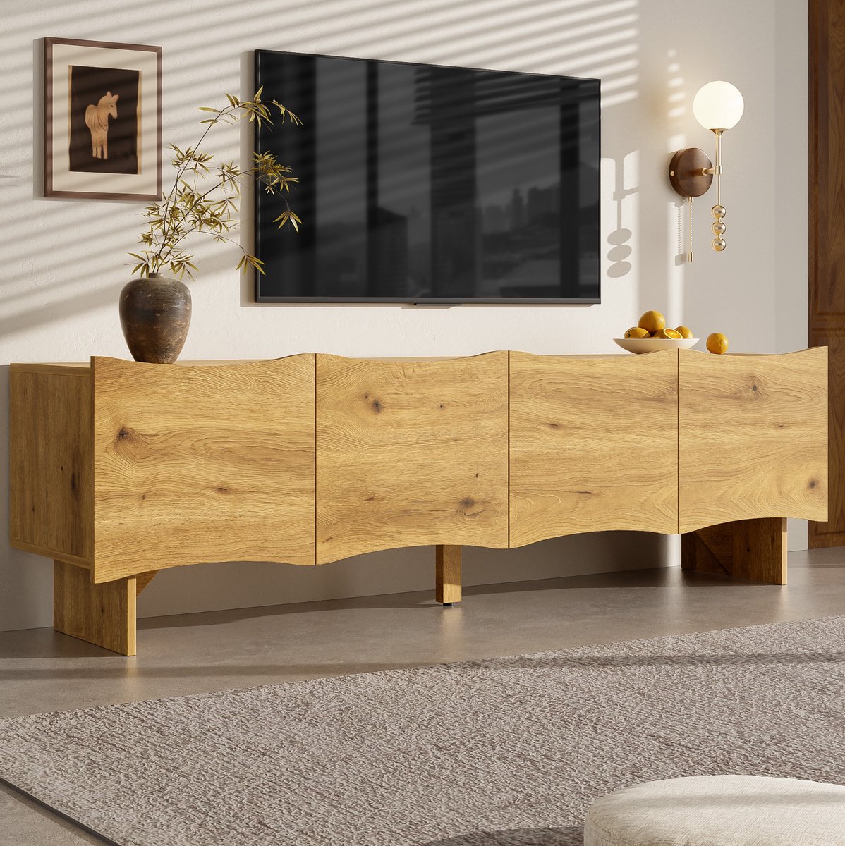 WUVRIE TV-meubel 155x36x47 cm - 4 deuren met kabeldoorvoeren - Naturel