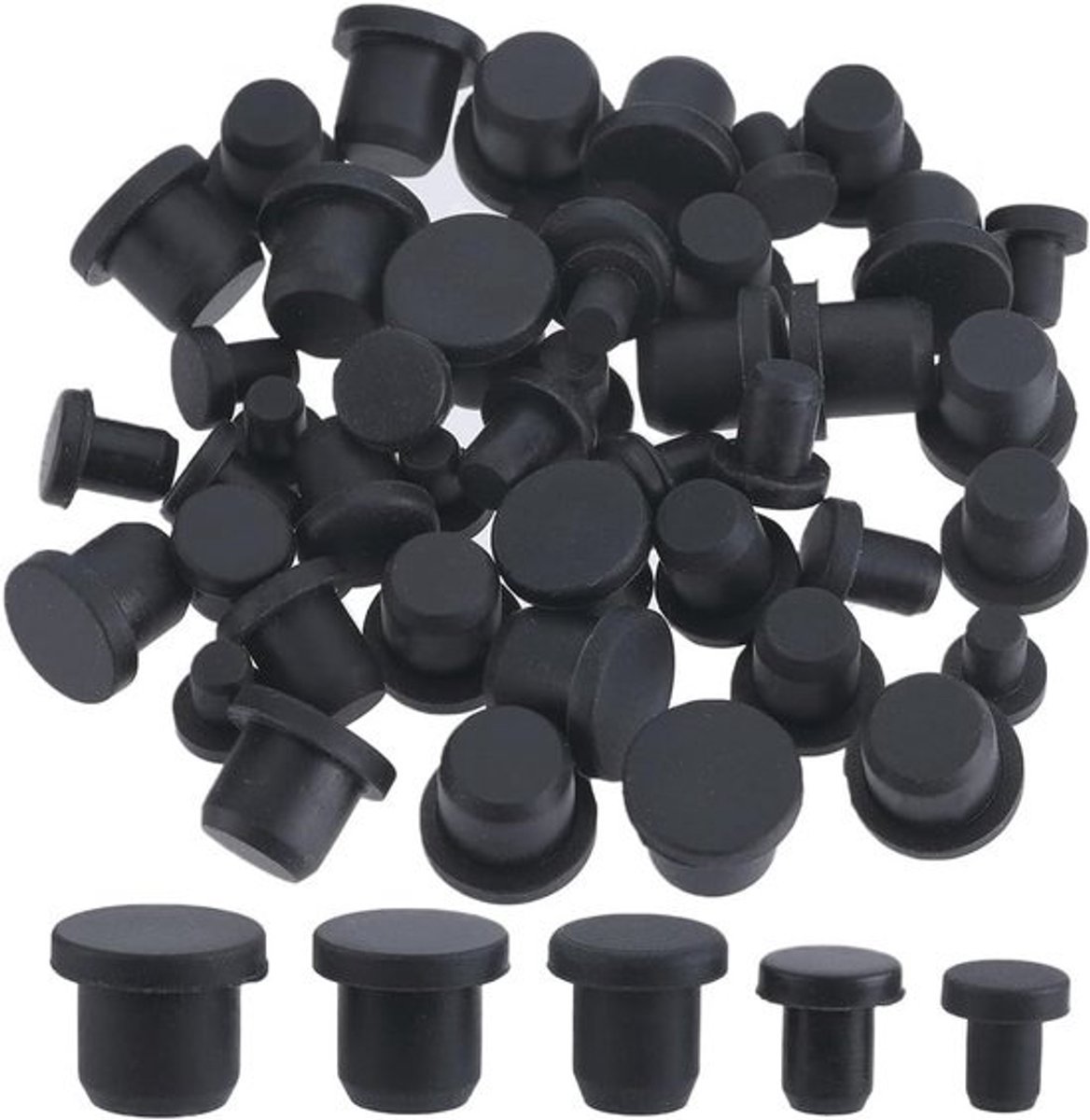 50 stuks siliconen rubberen stoppers - 5 maten, zwart, rond en waterdicht