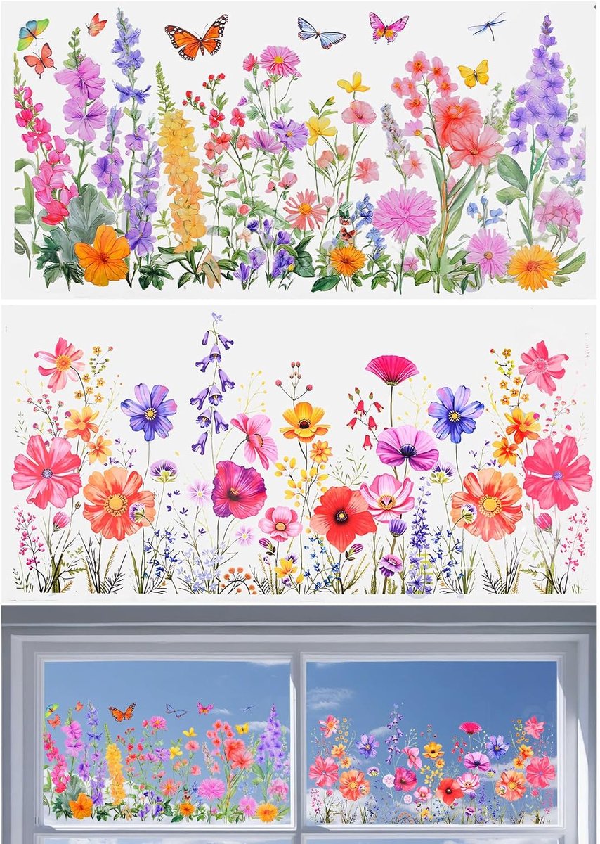 Raamstickers, 2 stuks bloem venster klampt zich vast met kleurrijke wilde bloemen voor slaapkamer woonkamer tv kantoor woondecoratie