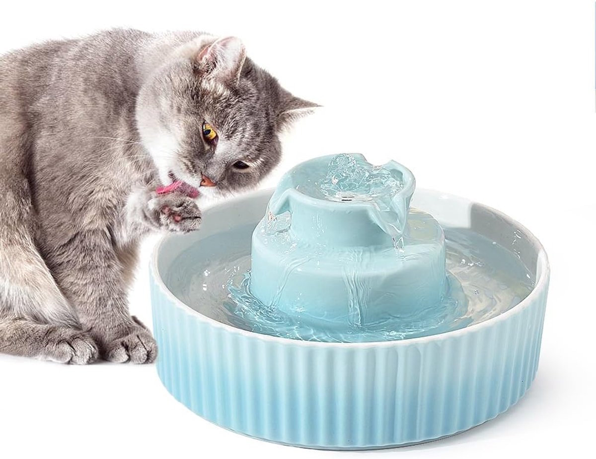 Keramiek, 2,1 l, drinkfontein voor katten, keramiek, stille waterdispenser, waterpomp met katoenen actieve koolfilter, kattenfontein voor meerdere huisdieren (groen verloop)