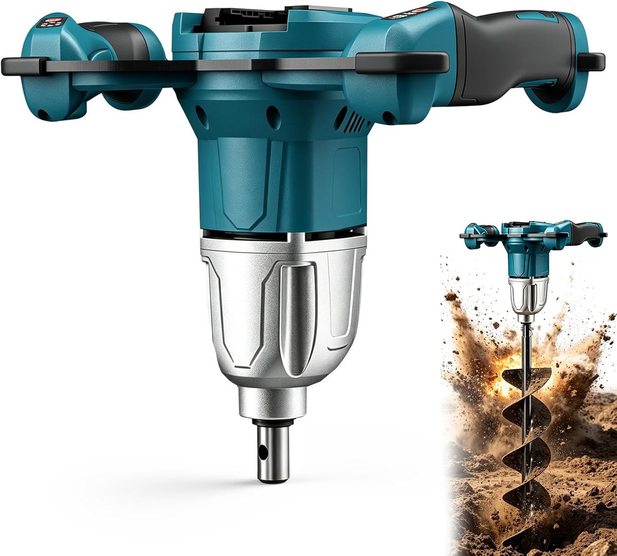 Compatibel met Makita 18 V-accu's, elektrische barrière met twee handgrepen, handboormachine, borstelloze motor voor het bevestigen van palen, mortelroerder, zonder boor (zonder accu)