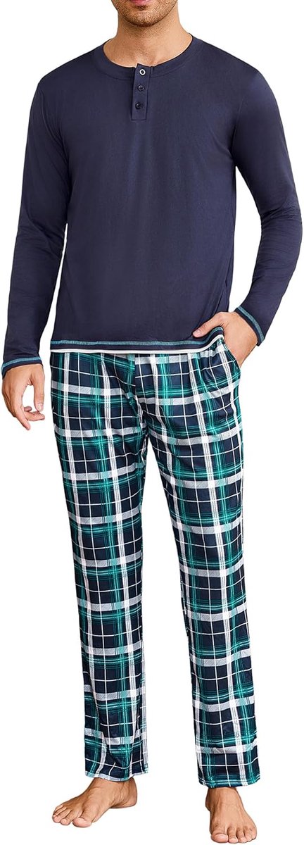 Pyjama voor heren, winter, nachtkleding, pyjamaset, ronde hals, lange mouwen en geruite broek, S-4XL