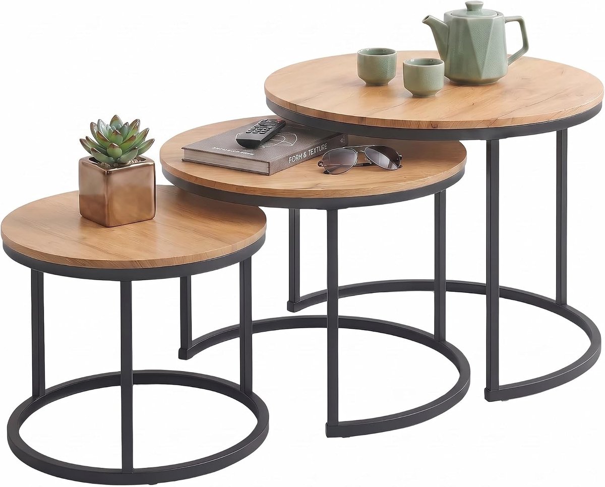 Set van 3 Ronde Bijzettafels voor de Woonkamer 70x70cm(Eikenhoutlook)