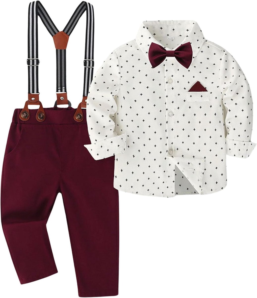 Kostuums voor jongens, bruiloftsoutfit voor jongens, overhemd met vlinderdas, broek met bretels voor formele gelegenheden
