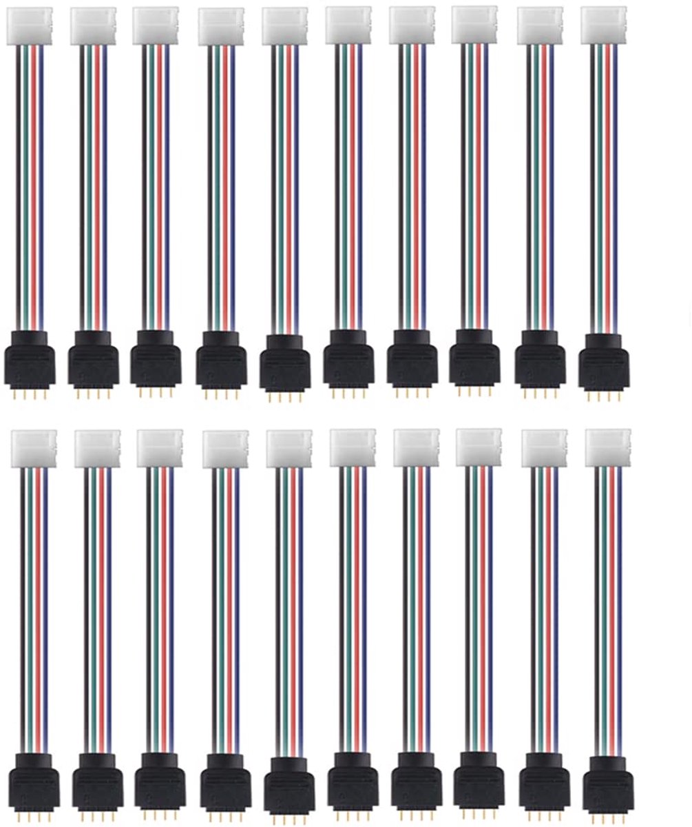 4Pin LED RGB Strip Light Connector 10mm brede strip op jumper Solderloze Clamp-On Pigtail Adapter voor 5050 Flexibele LED Strip Light (20 stuks soldeerloze stekkerconnector)