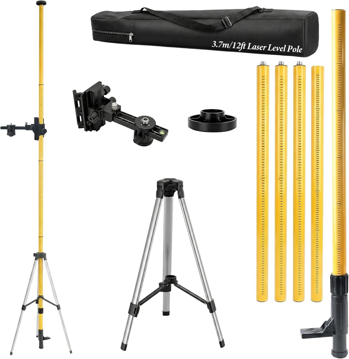 Laserniveaustang, 3,65 meter telescopische stang met statief voor roterende lasers en lijnlasers, lasermontagestang met 1/4"-20 draad en 5/8"-11 adapter, draagtas