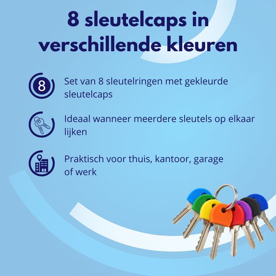 8 sleutelcaps in verschillende kleuren. Set van 8 sleutelringen met gekleurde sleutelcaps.