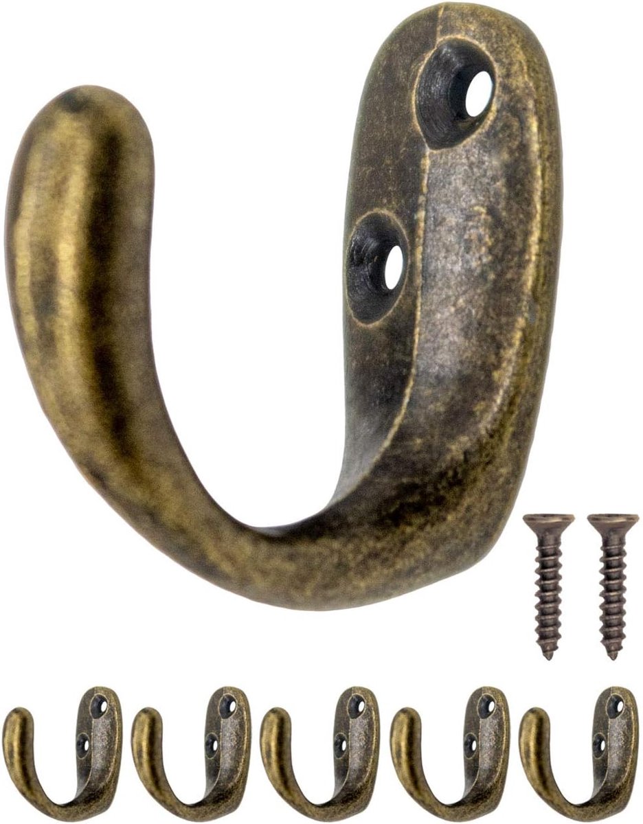 Antieke haken set van 5 - ijzer en messing - vintage retro stijl - perfect voor jassen en handdoeken - ShopVlot