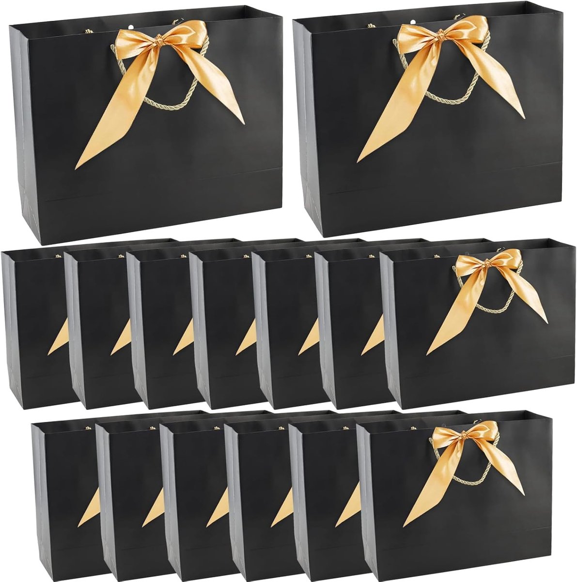 15 Stuks Zwarte Papieren Cadeautassen met Gouden Strik, Ideaal voor Verjaardag, Kerst en Bruiloft, 32 x 25 x 11 cm