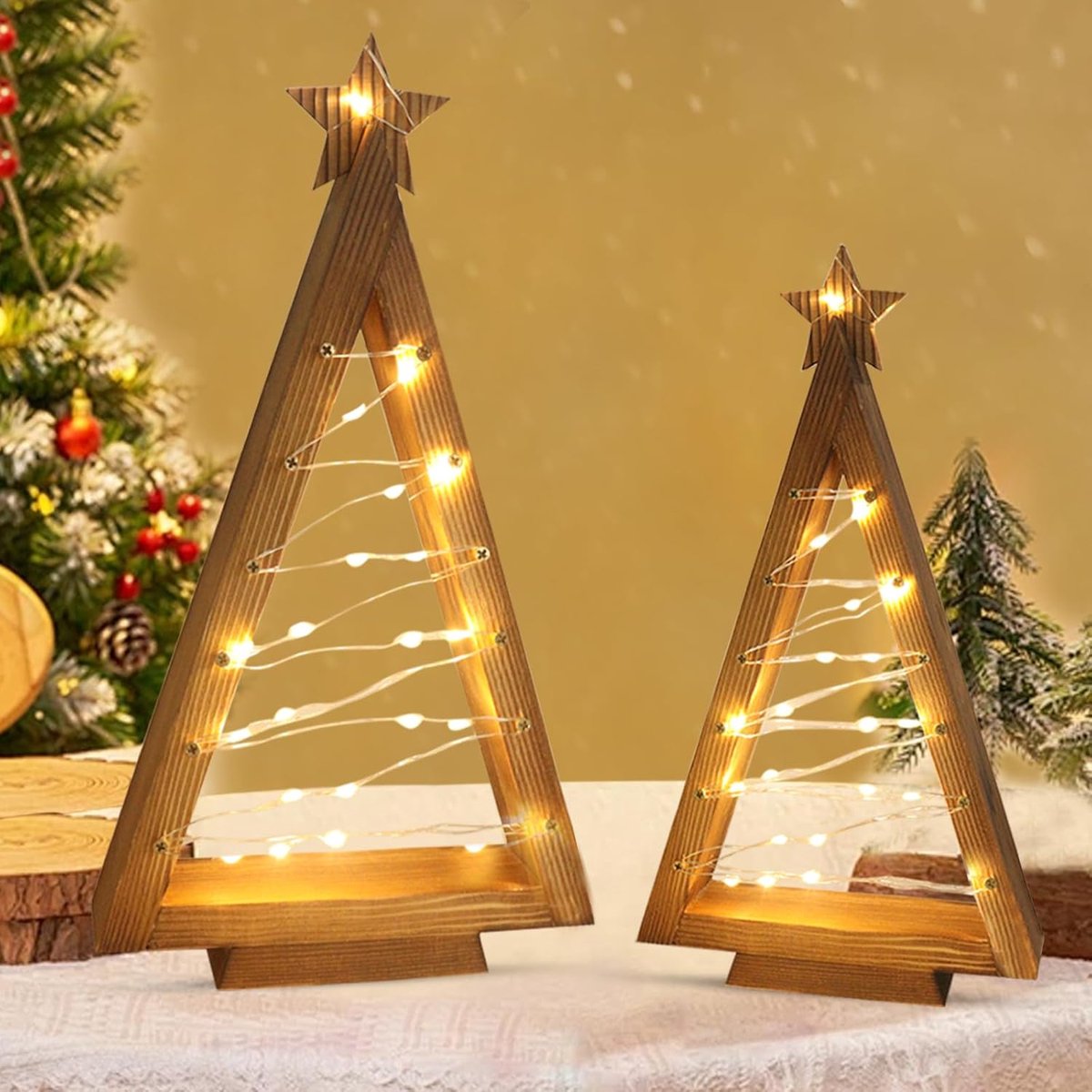 Christmas decoration, LED Christmas tree made of wood with star, 2 pieces illuminated Christmas tree with LED fairy - ShopVlot